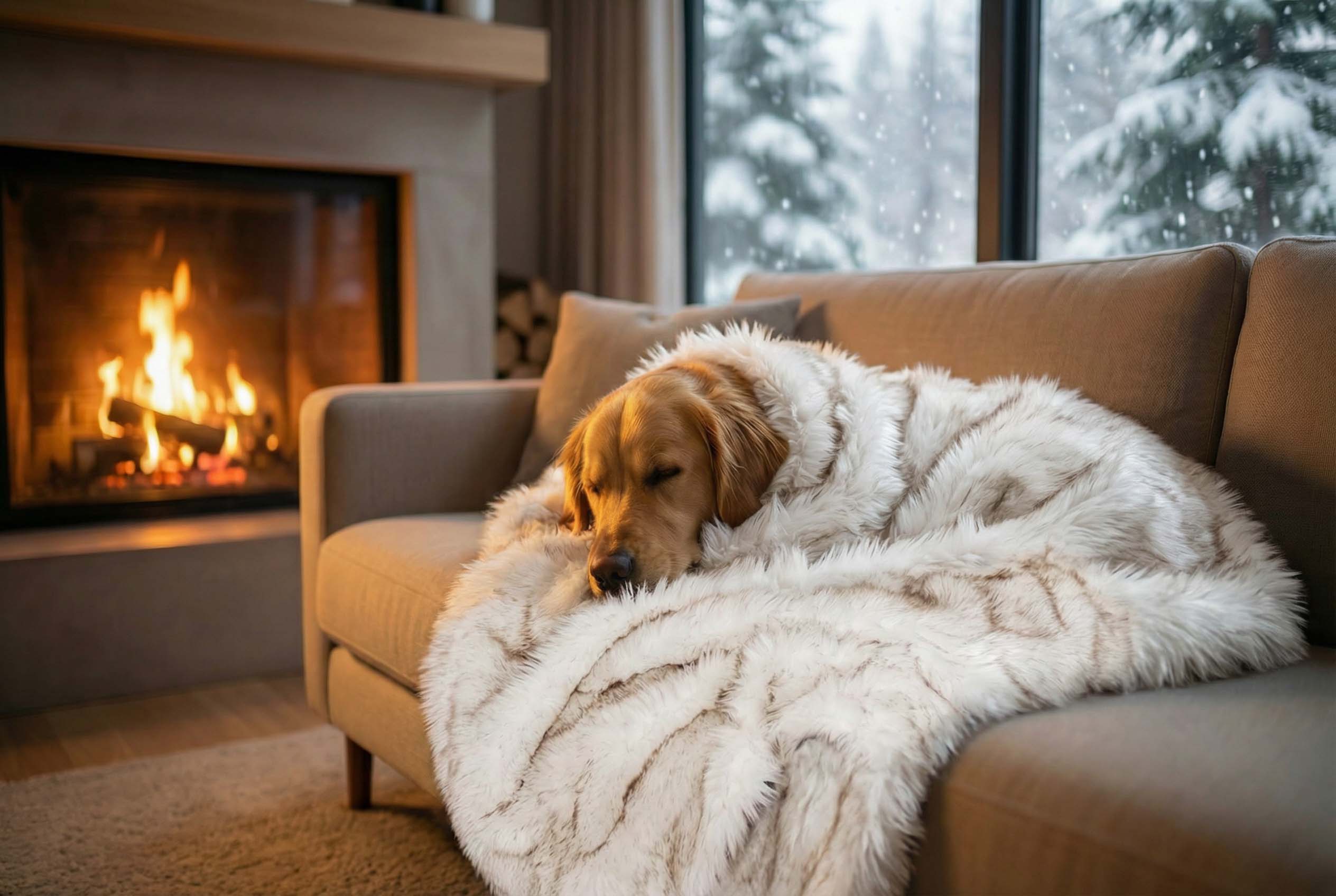 A golden retriever peacefully lying on a modern cream-colored sofa, covered with a luxurious blanket. A warm fireplace glows softly in the background, and heavy snow falls outside the window, creating a cozy winter atmosphere