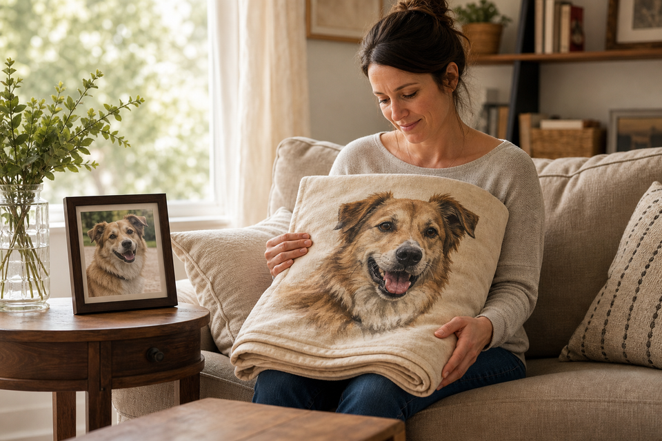 Pet owner holding a personalized dog memorial blanket beside a framed photo in a warm living room