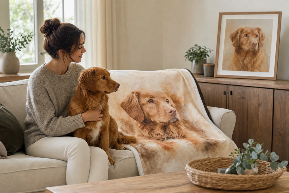 Pet owner comparing a custom pet photo blanket and framed pet portrait in a warm living room