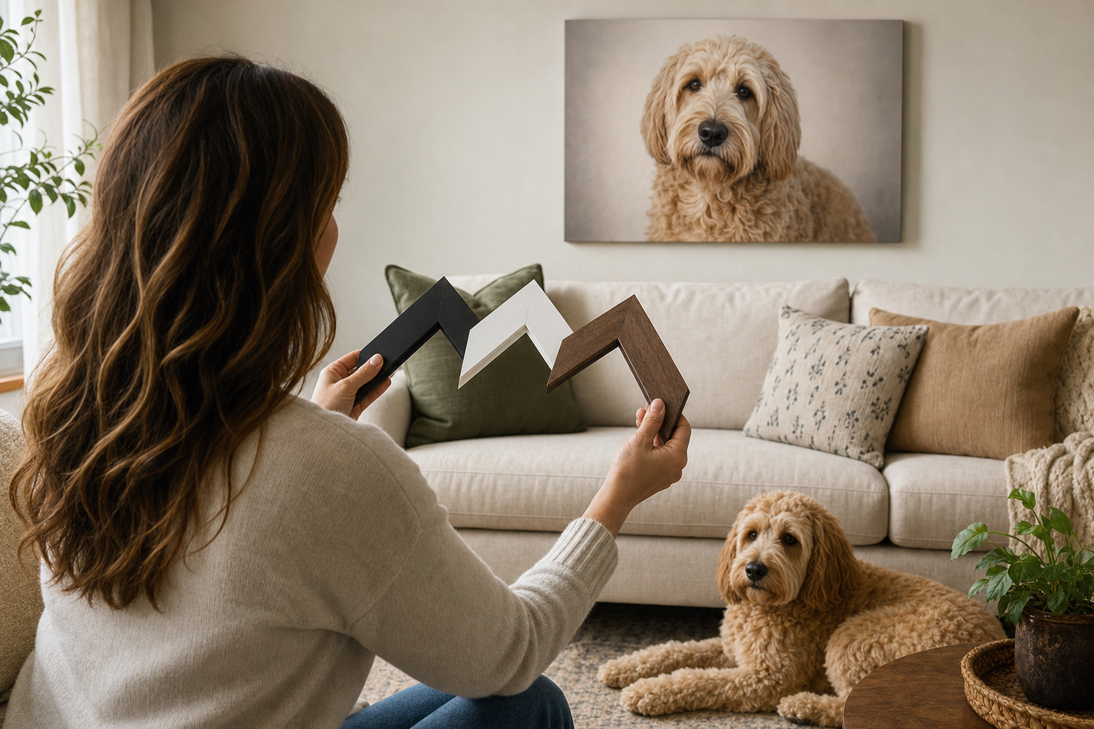 Homeowner comparing black white and walnut frames for a custom pet portrait above a sofa
