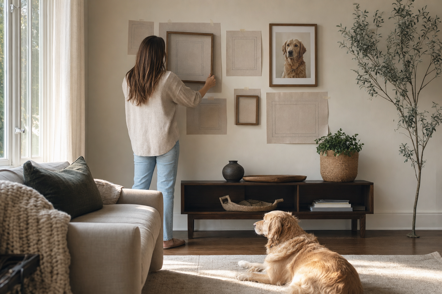 Dog owner planning a custom pet portrait gallery wall with paper templates in a warm living room