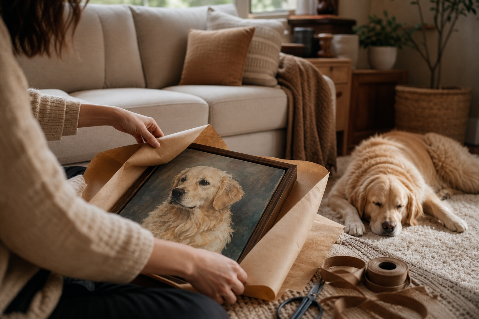 Gift giver wrapping a framed custom pet portrait beside a sleeping dog in a warm living room