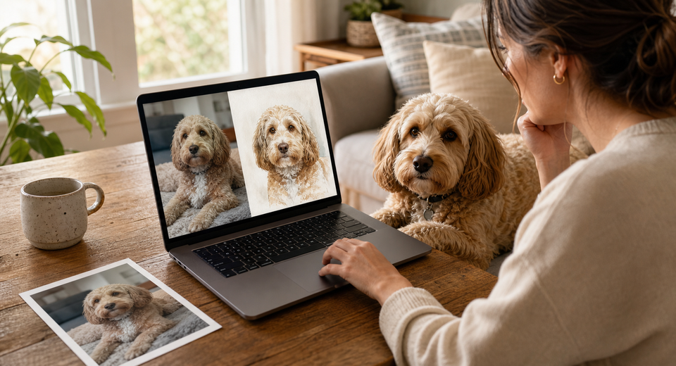 Pet owner reviewing a custom pet portrait proof on a laptop beside a dog in a warm living room