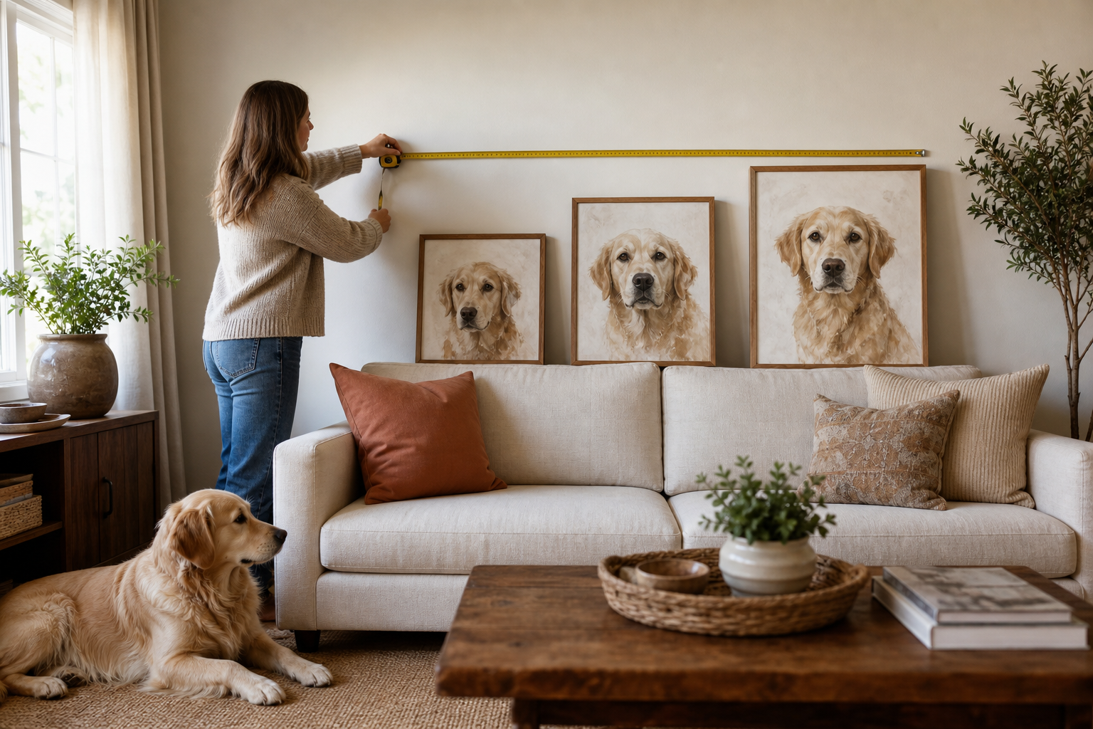 Pet owner measuring a living room wall while comparing three framed pet portrait sizes