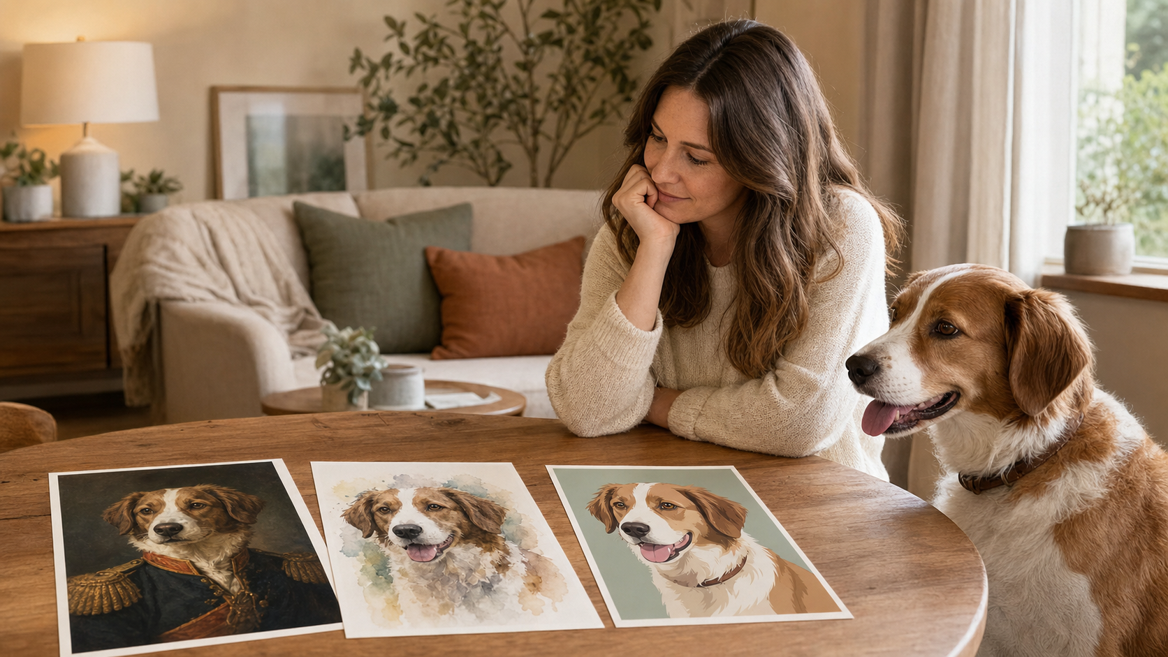 Pet owner comparing formal watercolor and modern custom pet portrait styles beside their dog
