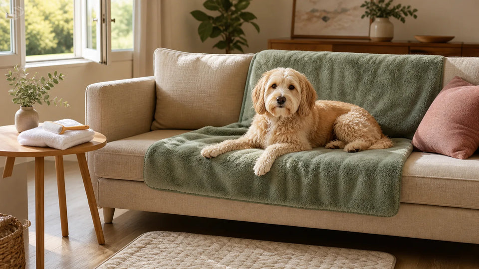 Dog resting on a protected sofa with a washable blanket, towel, lint brush, and fresh air from an open window