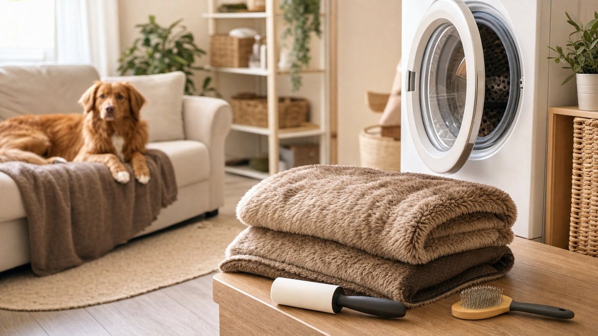 Waterproof dog blanket folded in a warm laundry room with pet hair tools and a dog resting on a protected sofa