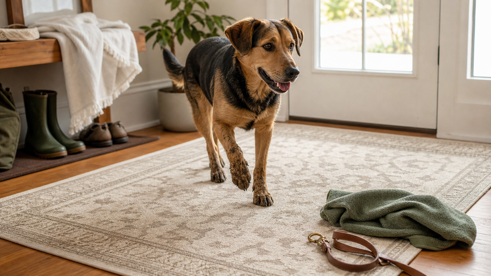 Dog stepping onto a washable entryway rug after a rainy walk with towel and leash nearby