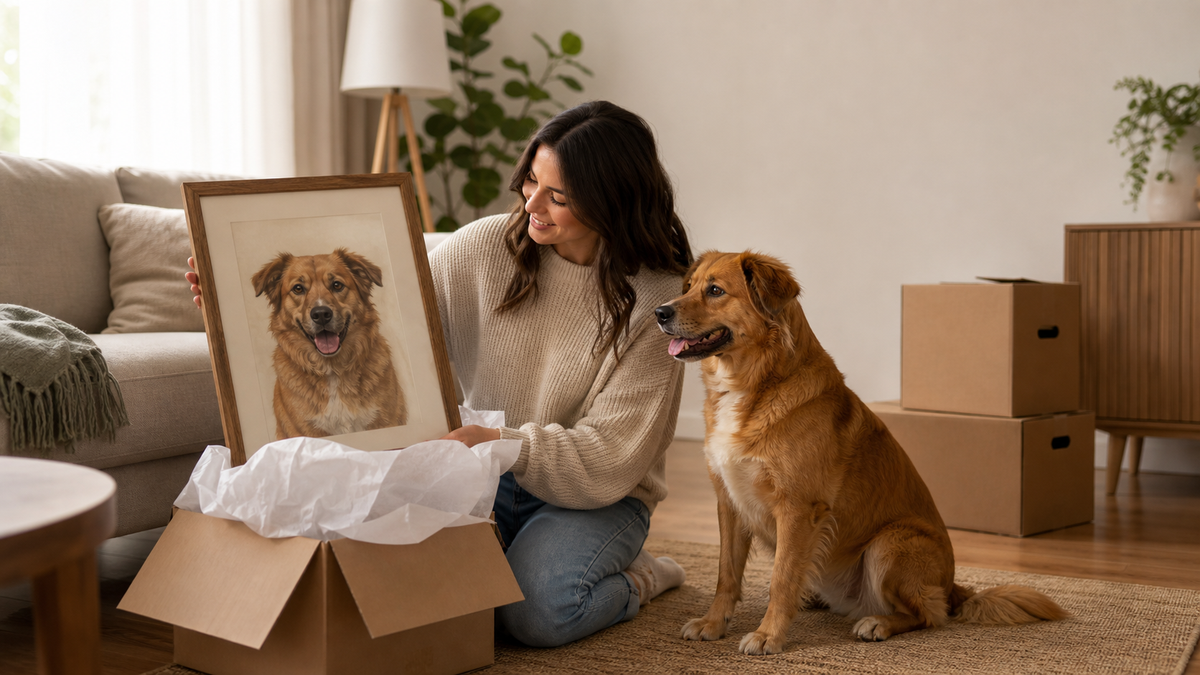 Pet lover unpacking a framed pet portrait in a warm new living room