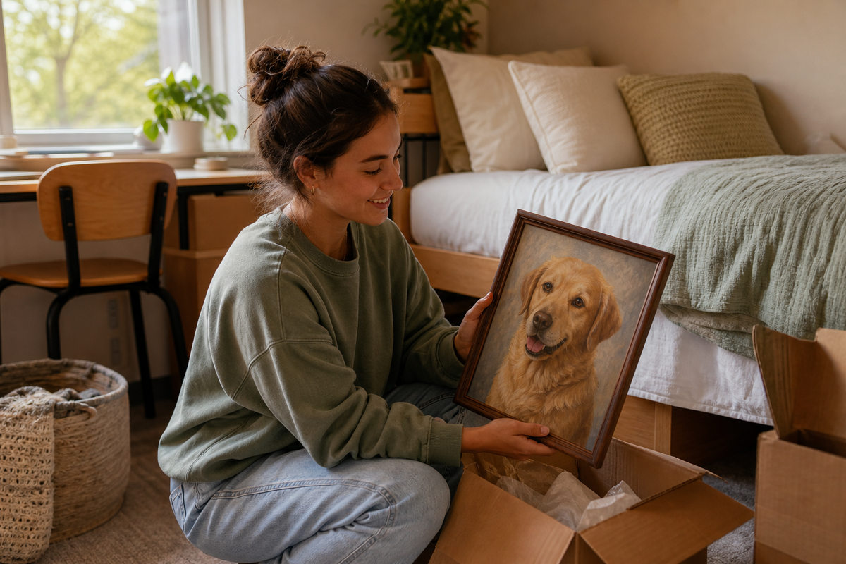 College student unpacking a framed dog portrait in a warm dorm room