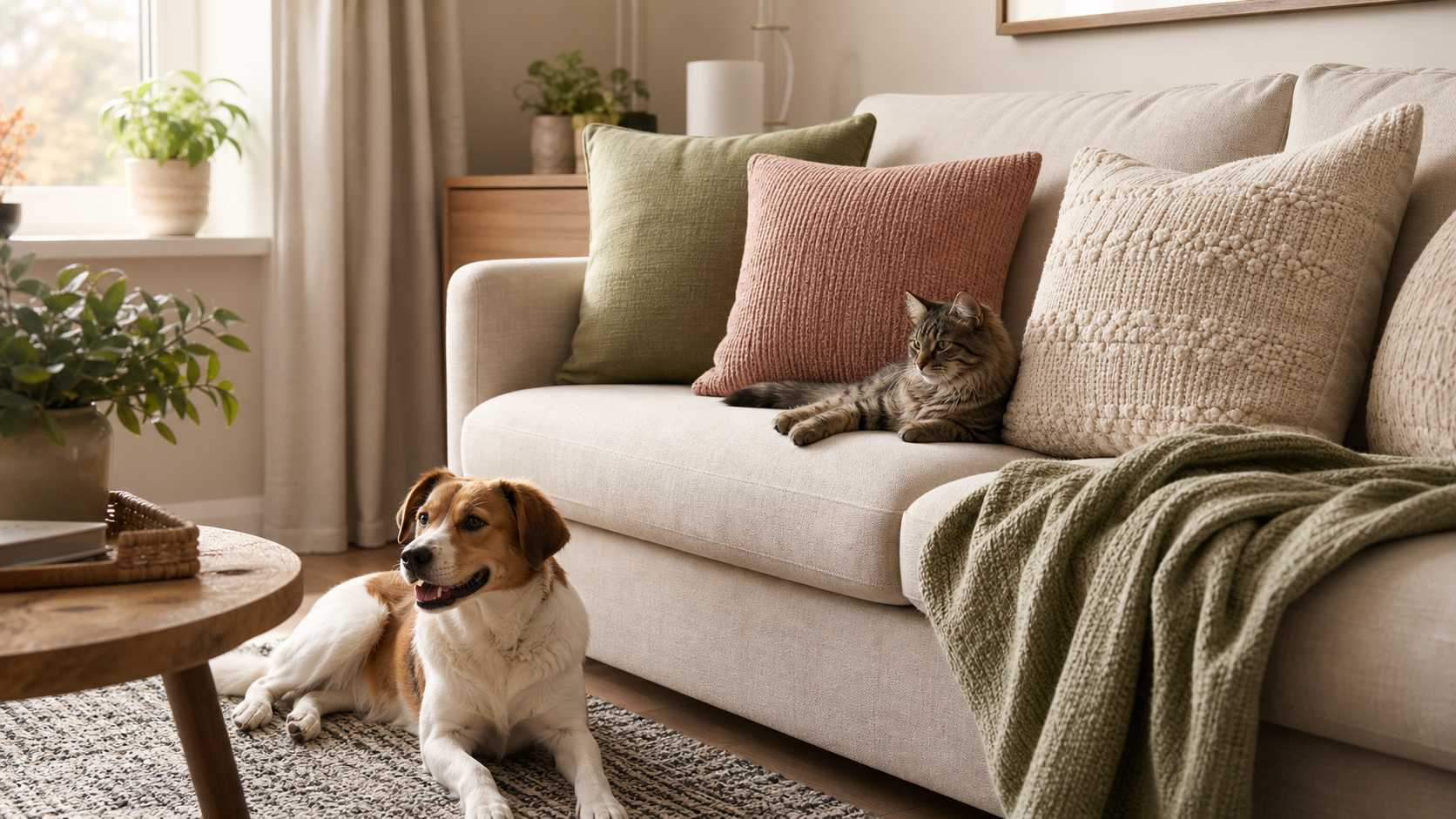 Dog and cat relaxing near textured throw pillows on a warm pet-friendly sofa