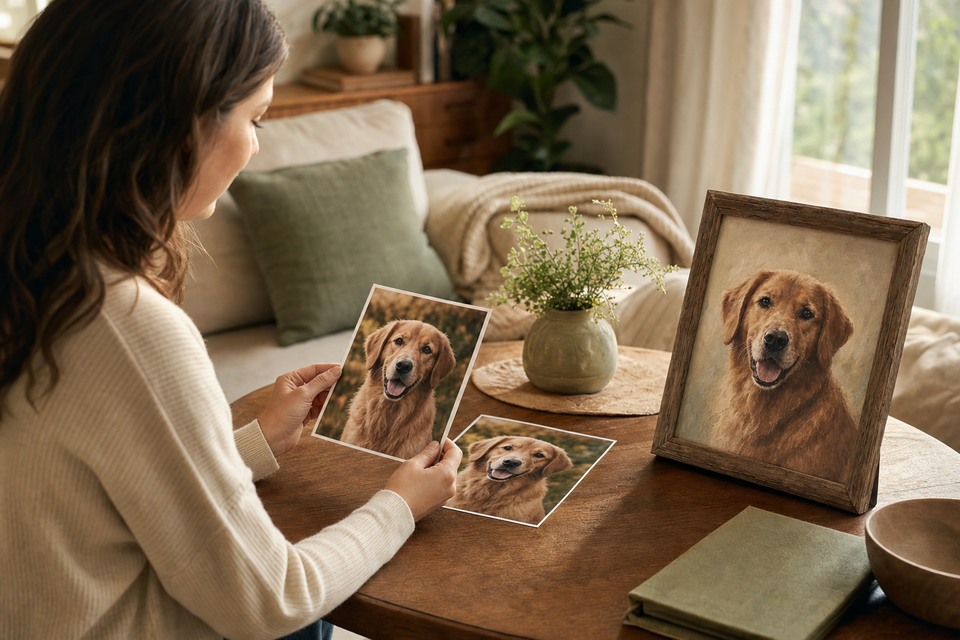 Pet owner choosing a favorite dog photo for a framed memorial portrait in a warm living room
