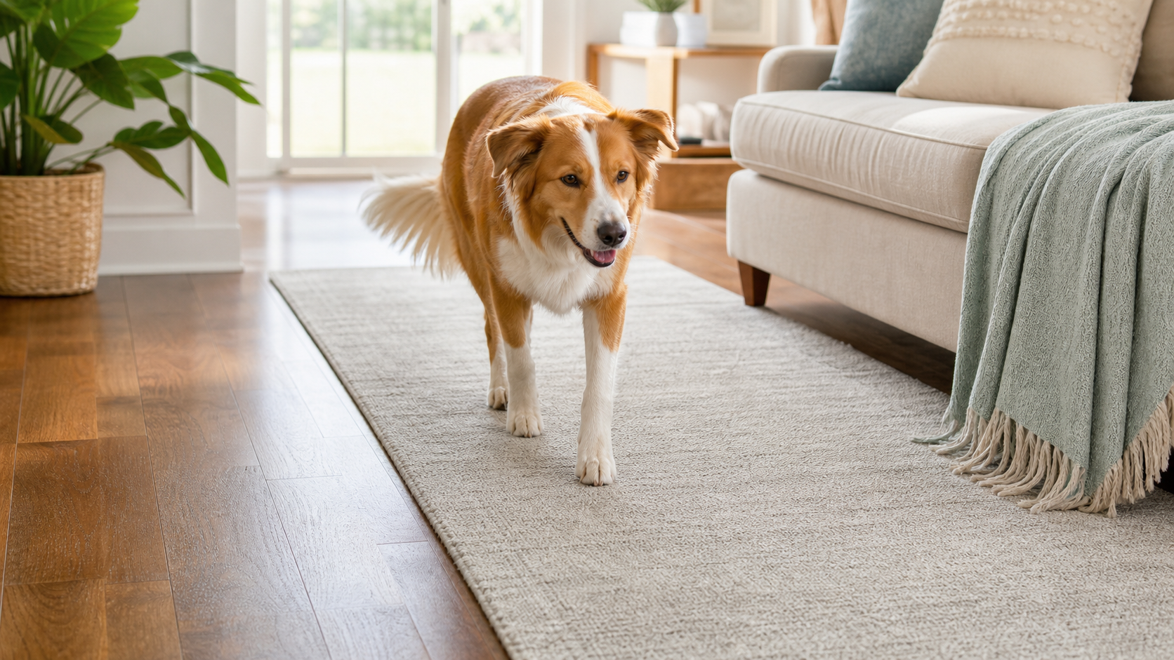 Dog walking from hardwood floor onto a washable area rug in a warm pet-friendly living room