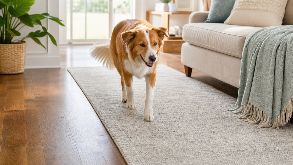Dog walking from hardwood floor onto a washable area rug in a warm pet-friendly living room