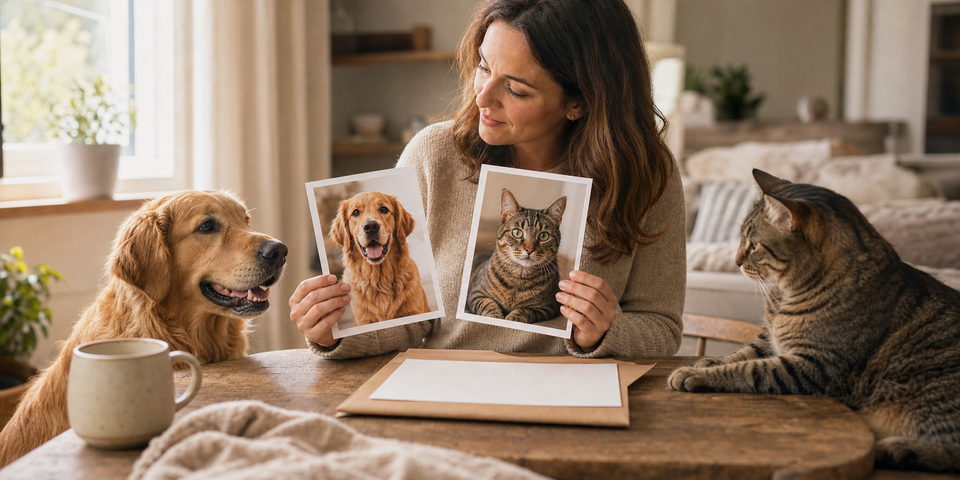 Pet owner comparing clear photos of a dog and cat for a two-pet custom portrait