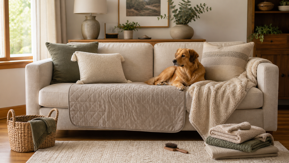 Dog resting on a protected neutral sofa with a waterproof couch cover and washable throw blanket in a warm living room