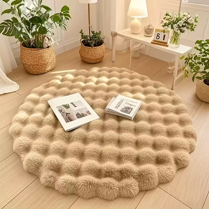 90cm Round Bubble Fleece Rug｜Soft Fluffy Solid Color Carpet | 5 Neutral Shades for Bedroom/Living Room/Vanity