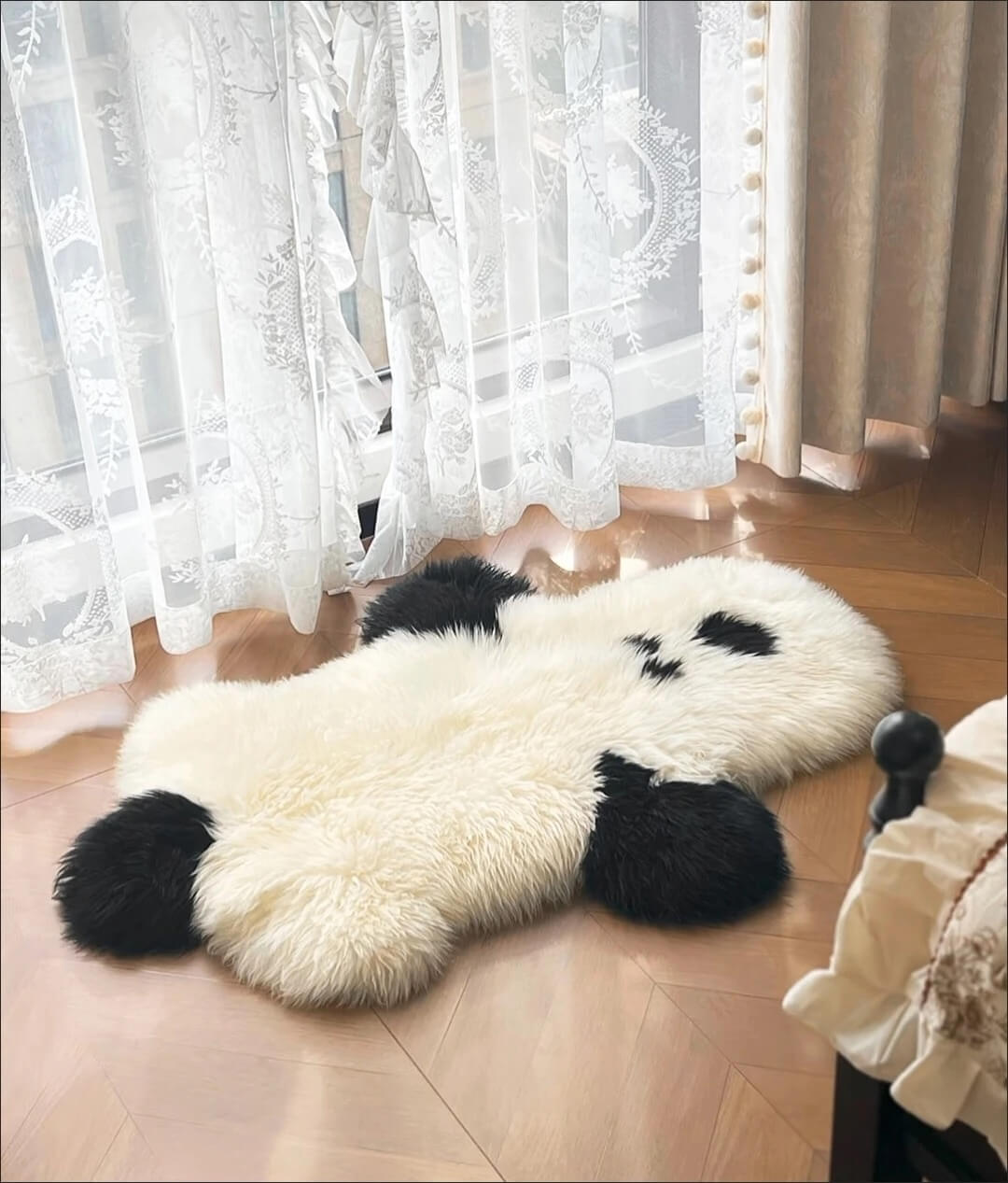 Plush faux fur dog rug placed near a window as a cozy pet corner in a bright room