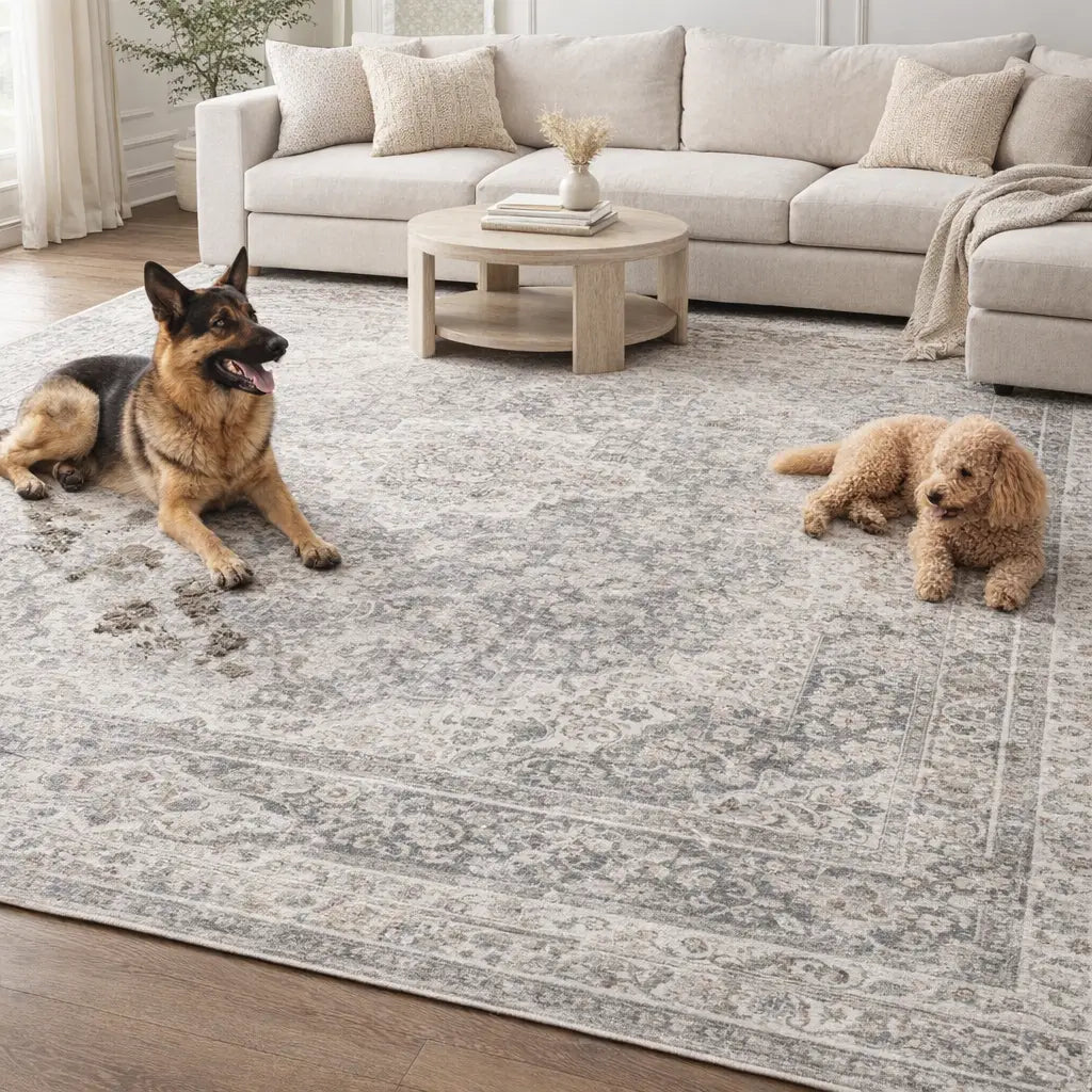 Vintage Rose Pet-Friendly Washable Rug | Soft Blush & Distressed Boho Design