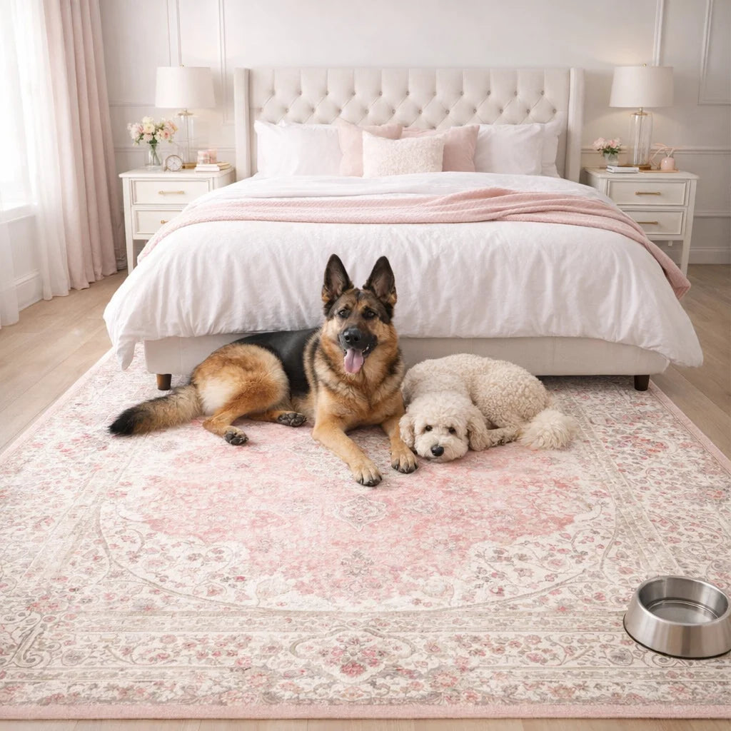 Vintage Rose Pet-Friendly Washable Rug | Soft Blush & Distressed Boho Design