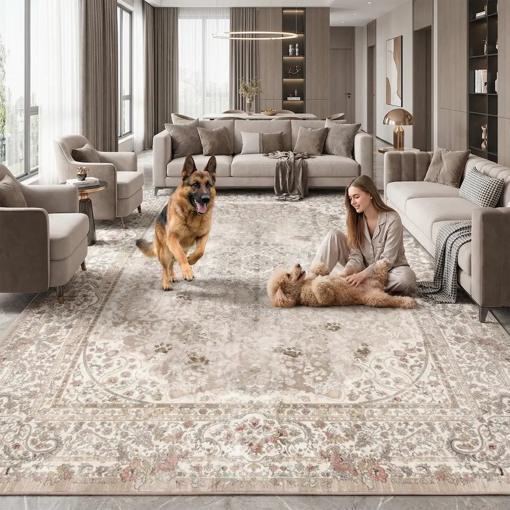 Vintage Rose Pet-Friendly Washable Rug | Soft Blush & Distressed Boho Design