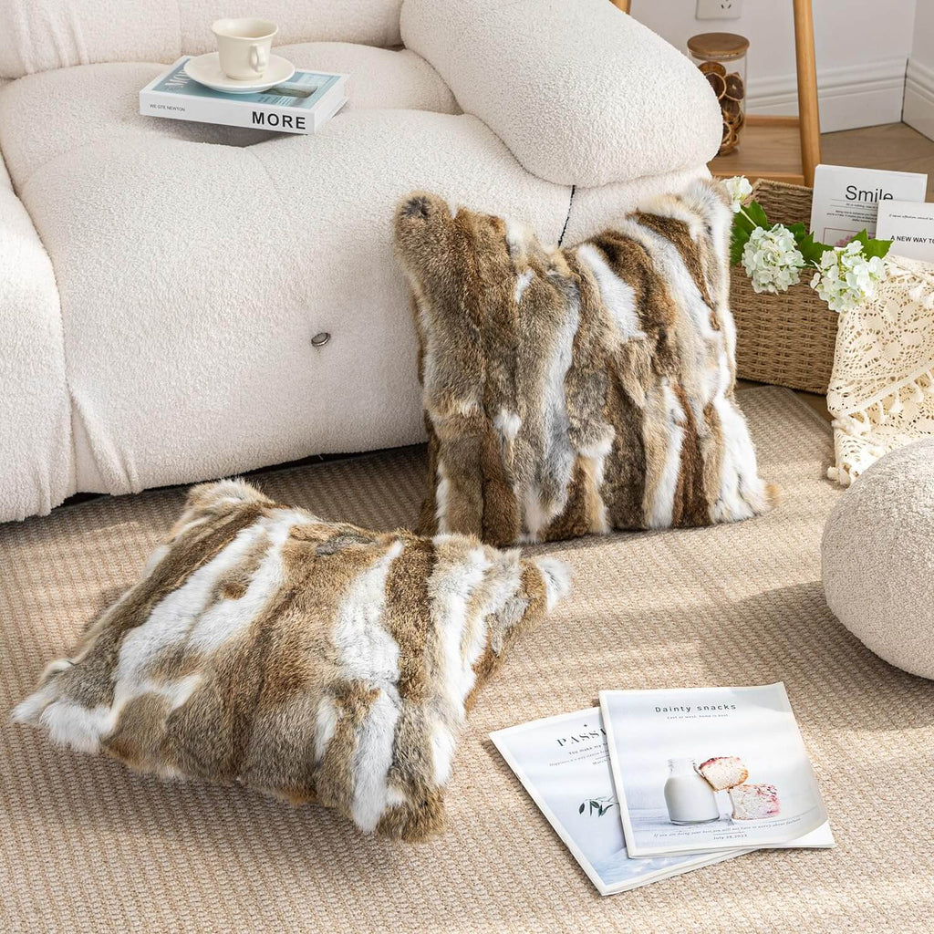 Soft Faux Rabbit Fur Patchwork Throw Pillow| Ultra Soft Cat-Petting Soft Cushion for Couch Bed Home Decor | Warmloomo™