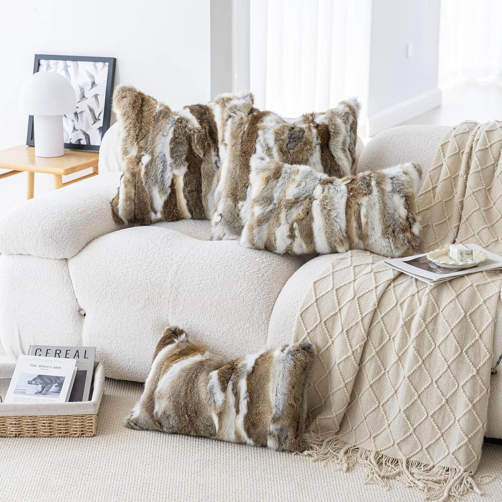 Soft Faux Rabbit Fur Patchwork Throw Pillow| Ultra Soft Cat-Petting Soft Cushion for Couch Bed Home Decor | Warmloomo™
