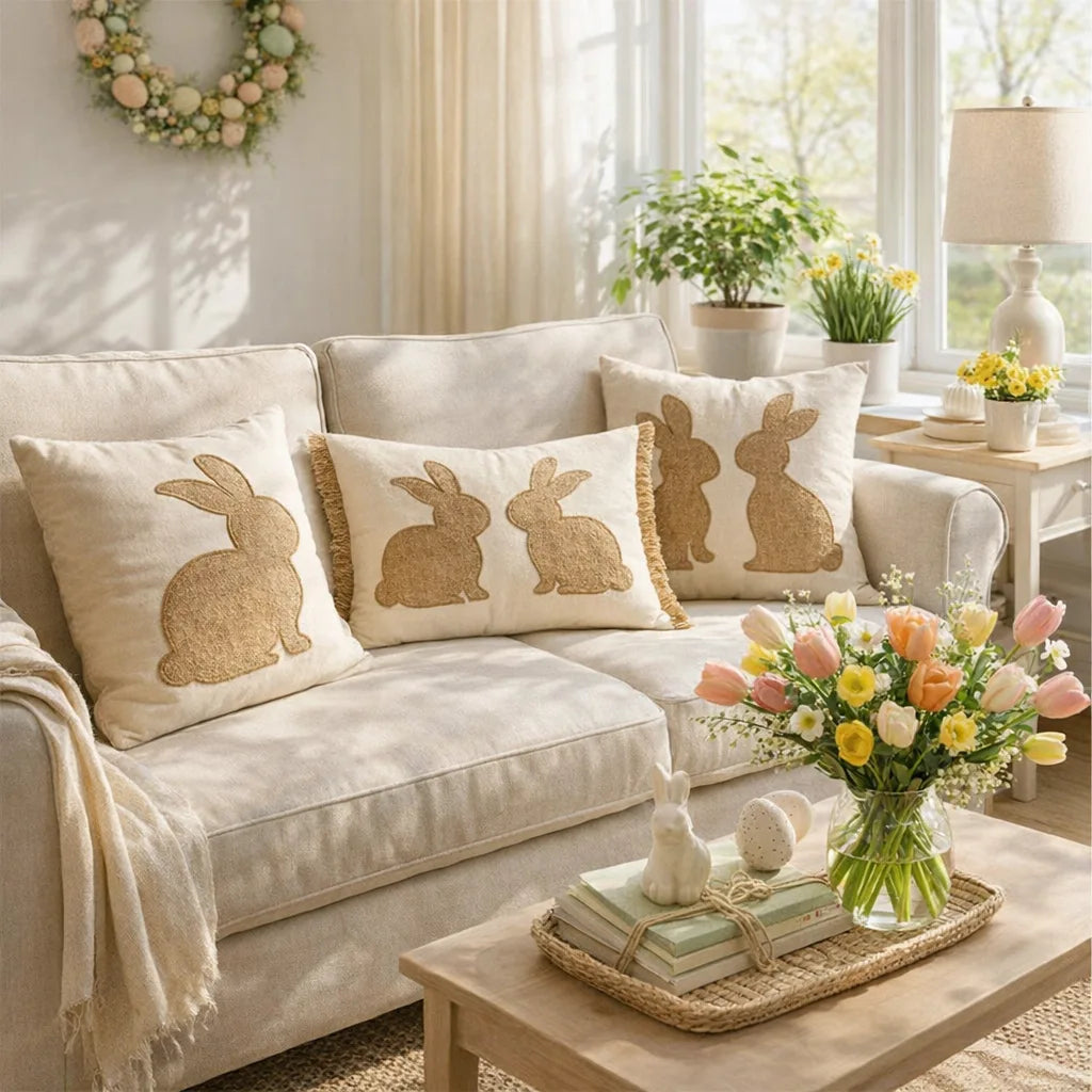 Easter Bunny Tufted Pillow Covers (Set of 3) – Embroidered Spring Throw Cushion Covers with Hidden Zipper for Sofa, Couch, Bed & Porch Decor