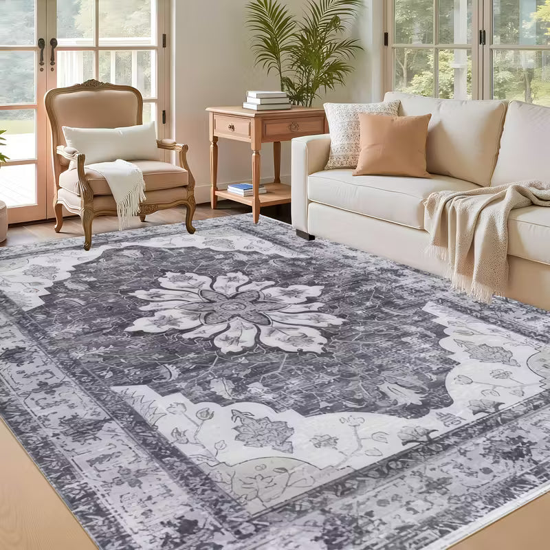 Machine Washable Vintage Rug – Boho Chic, Low Pile & Non-Slip， Ultra Soft Non，Shedding Shaggy Carpet