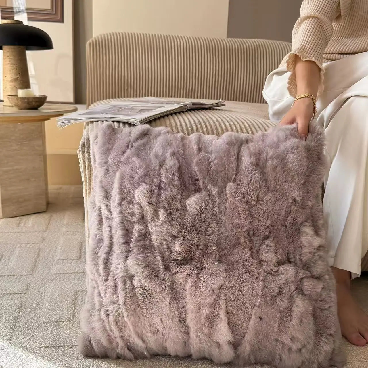 Premium Genuine Rabbit Fur Throw Pillow | Ultra-Soft Calming Cushion for Pets & Home | Warmloomo™