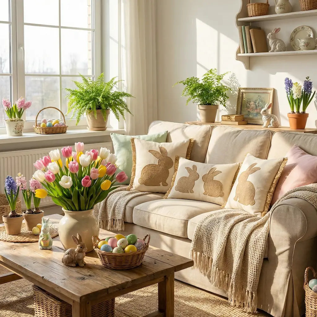 Easter Bunny Tufted Pillow Covers (Set of 3) – Embroidered Spring Throw Cushion Covers with Hidden Zipper for Sofa, Couch, Bed & Porch Decor