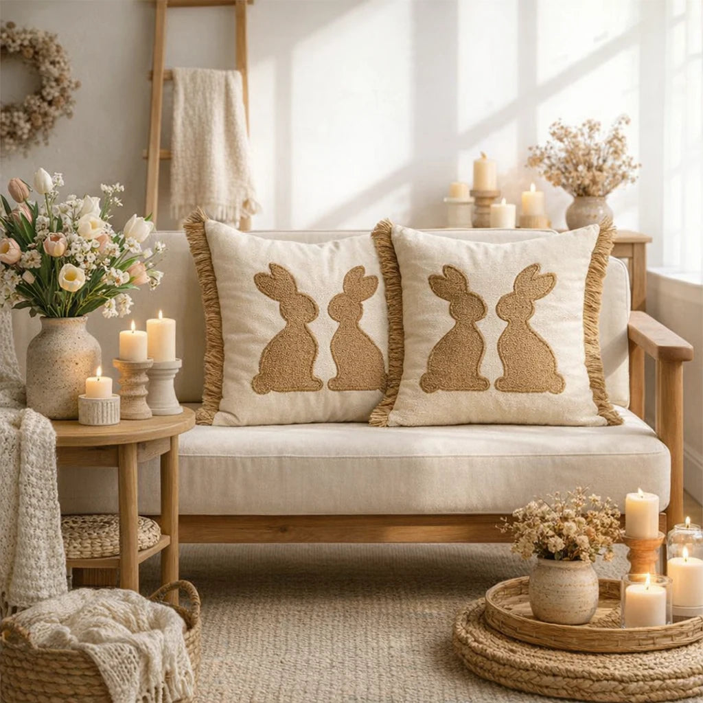 Easter Bunny Tufted Pillow Covers (Set of 3) – Embroidered Spring Throw Cushion Covers with Hidden Zipper for Sofa, Couch, Bed & Porch Decor