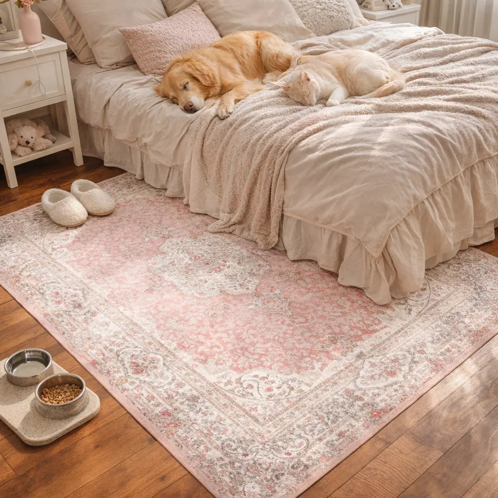 Vintage Rose Pet-Friendly Washable Rug | Soft Blush & Distressed Boho Design