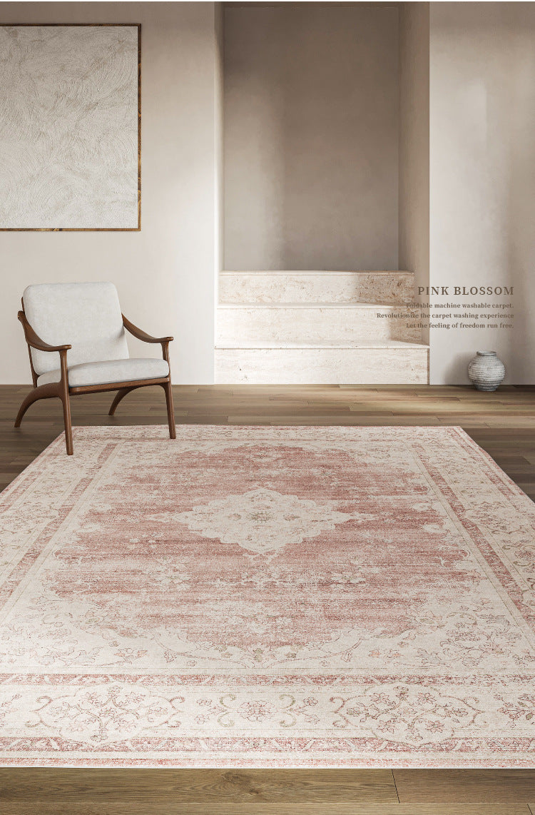 Vintage Rose Pet-Friendly Washable Rug | Soft Blush & Distressed Boho Design