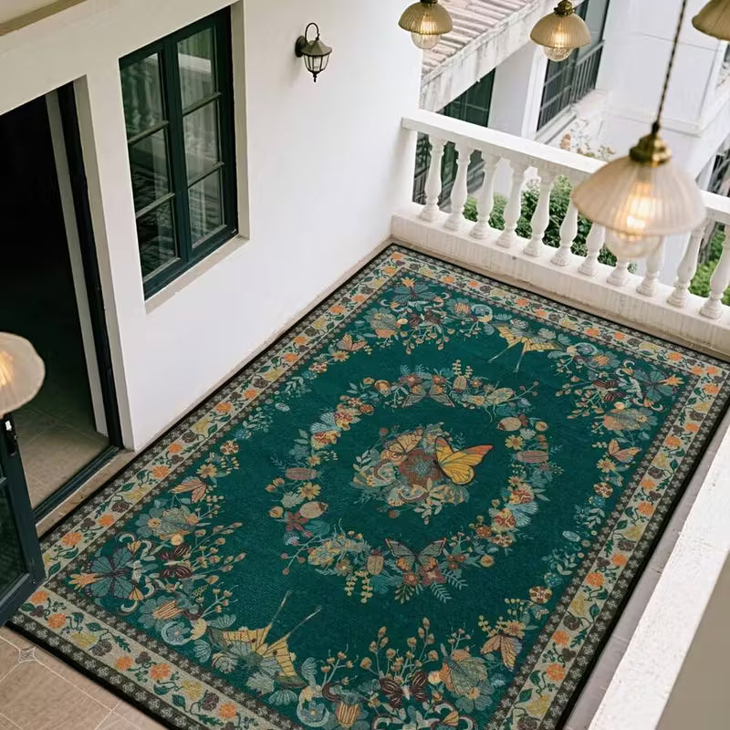 Modern Abstract Green Boho Rug｜Low-Pile Non-Slip Rubber Backing | Soft Short