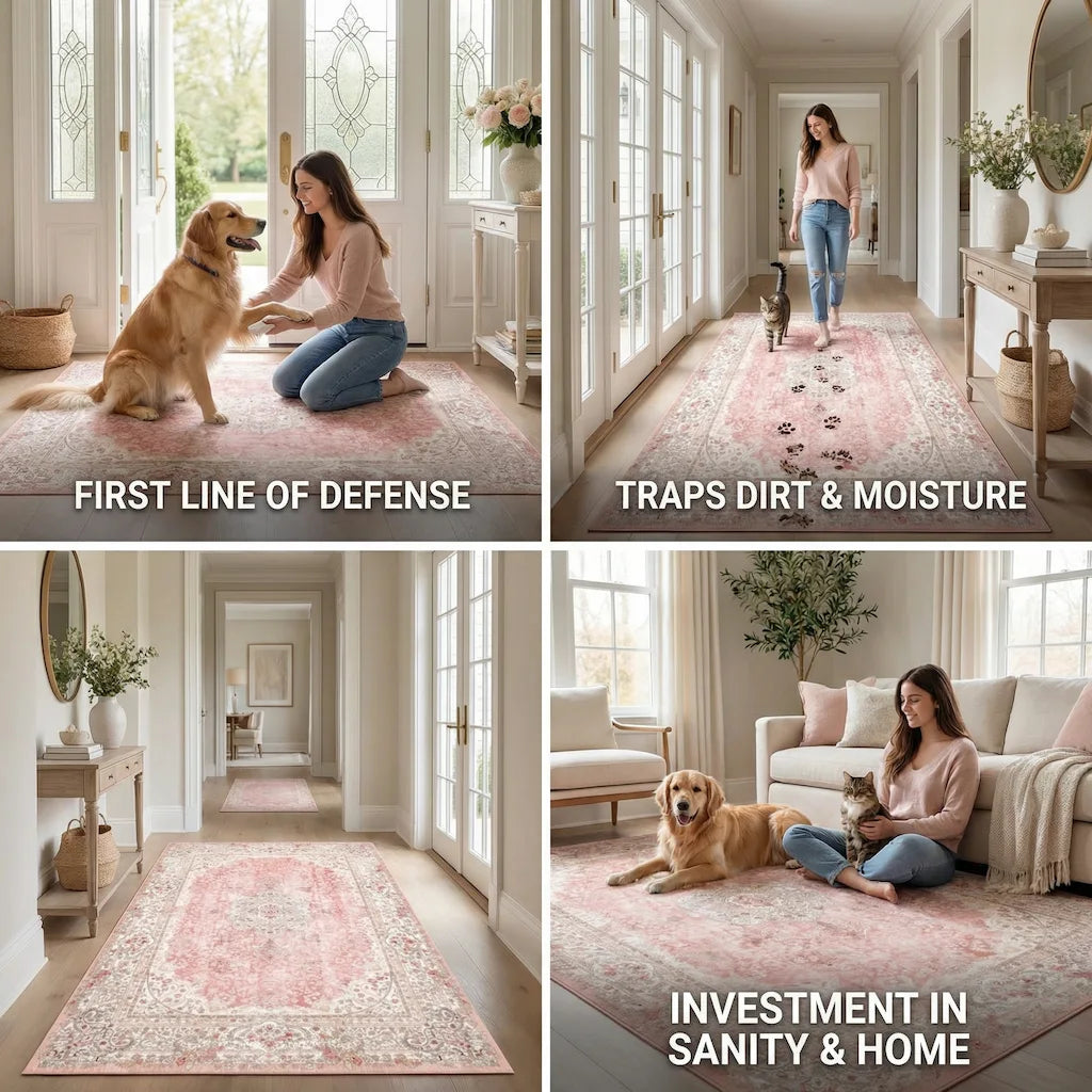 Vintage Rose Pet-Friendly Washable Rug | Soft Blush & Distressed Boho Design
