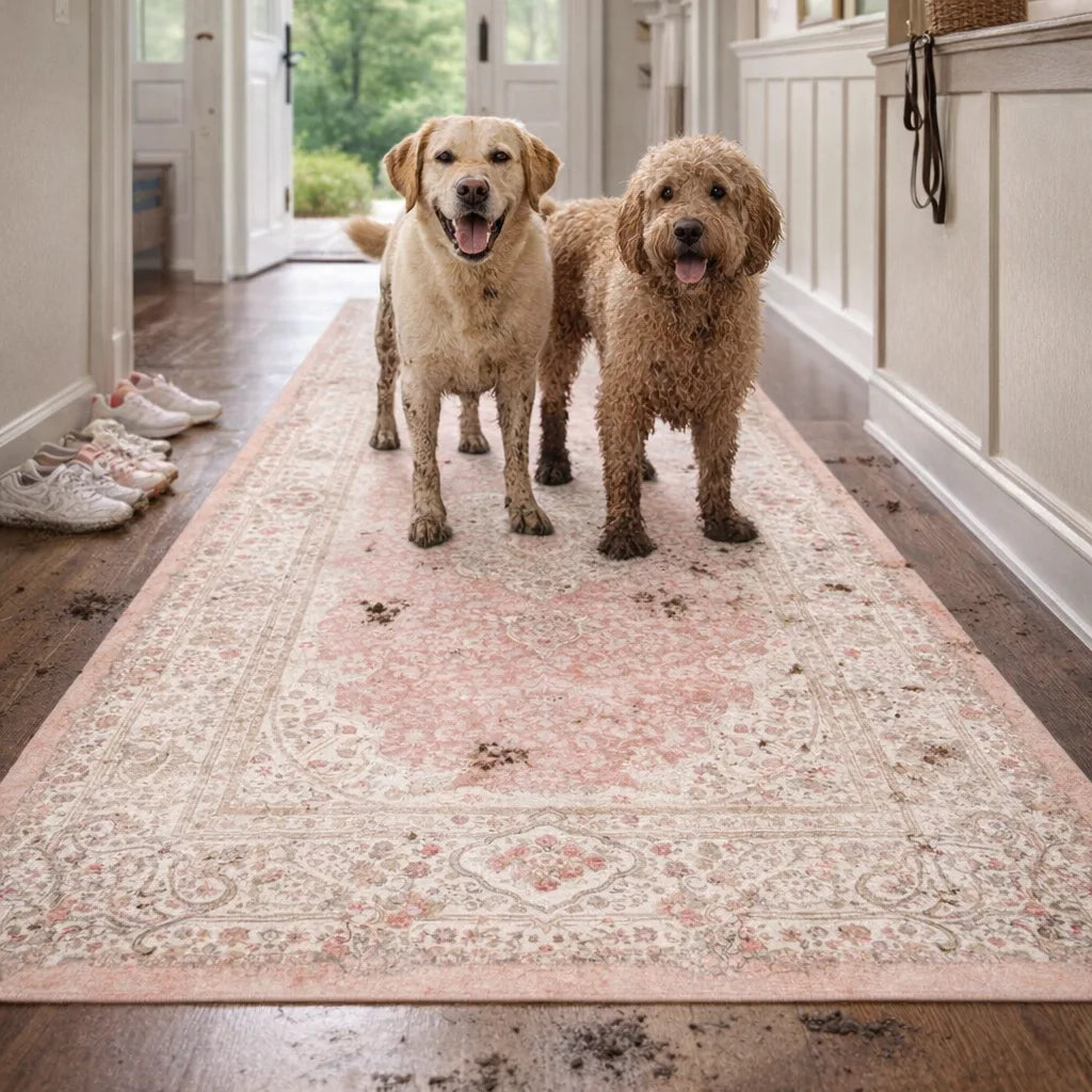 Vintage Rose Pet-Friendly Washable Rug | Soft Blush & Distressed Boho Design