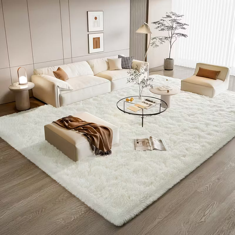 Creamy White Plush Polyester Rug｜Minimalist Rectangular Mat | Dry Clean Only