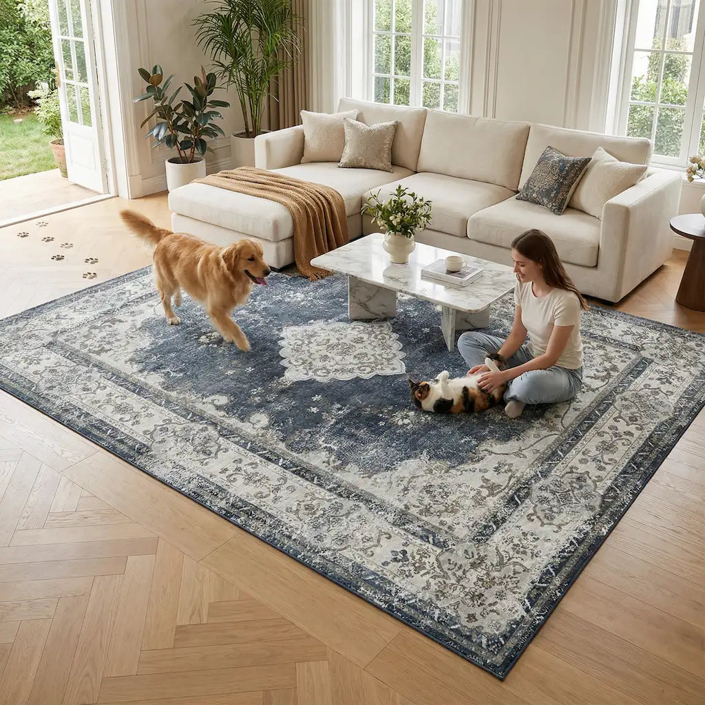 Vintage Rose Pet-Friendly Washable Rug | Soft Blush & Distressed Boho Design