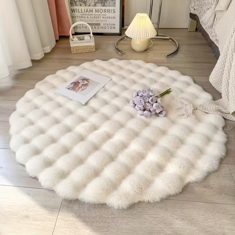 90cm Round Bubble Fleece Rug｜Soft Fluffy Solid Color Carpet | 5 Neutral Shades for Bedroom/Living Room/Vanity