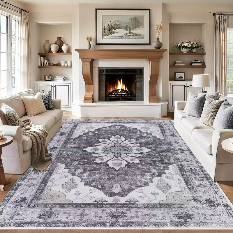 Machine Washable Vintage Rug – Boho Chic, Low Pile & Non-Slip， Ultra Soft Non，Shedding Shaggy Carpet
