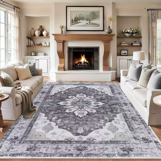 Machine Washable Vintage Rug – Boho Chic, Low Pile & Non-Slip， Ultra Soft Non，Shedding Shaggy Carpet
