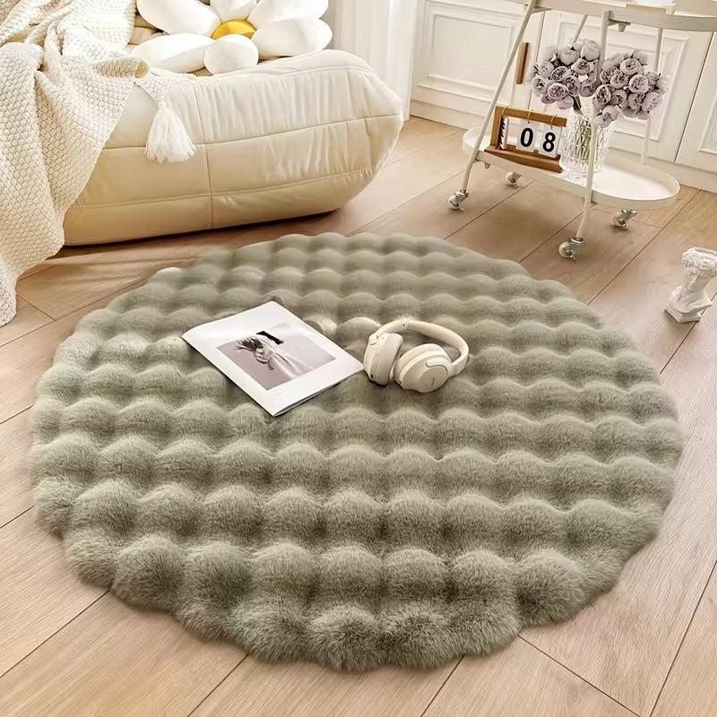 90cm Round Bubble Fleece Rug｜Soft Fluffy Solid Color Carpet | 5 Neutral Shades for Bedroom/Living Room/Vanity