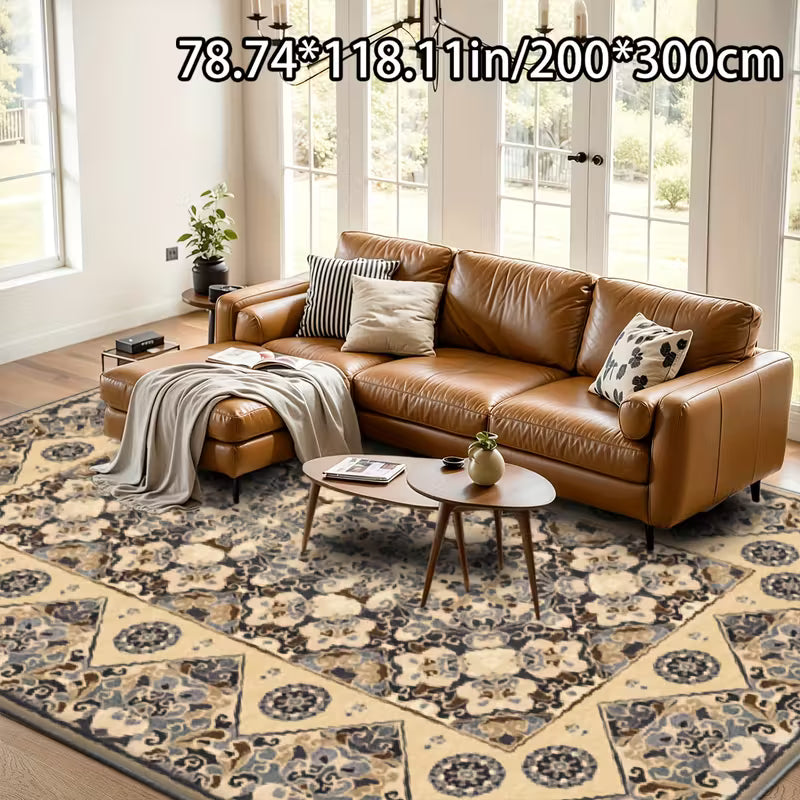 Retro European Persian Design Velvet Rug with Non-Slip Dotted Plastic BottomMulti-Functional Decor for Living Room, Sofa, Bedroom, Outdoor & Commercial Spaces (Malls/Cafes)