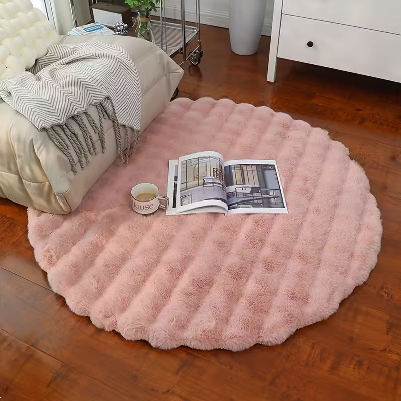 90cm Round Bubble Fleece Rug｜Soft Fluffy Solid Color Carpet | 5 Neutral Shades for Bedroom/Living Room/Vanity