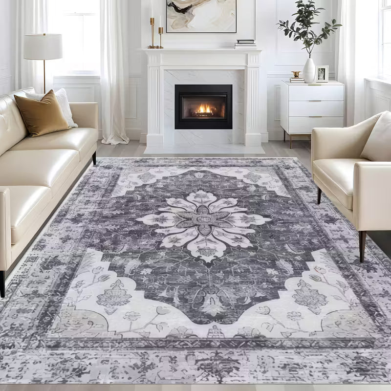Machine Washable Vintage Rug – Boho Chic, Low Pile & Non-Slip， Ultra Soft Non，Shedding Shaggy Carpet