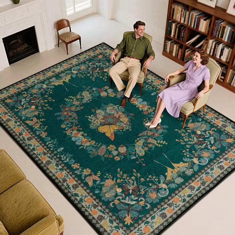 Modern Abstract Green Boho Rug｜Low-Pile Non-Slip Rubber Backing | Soft Short