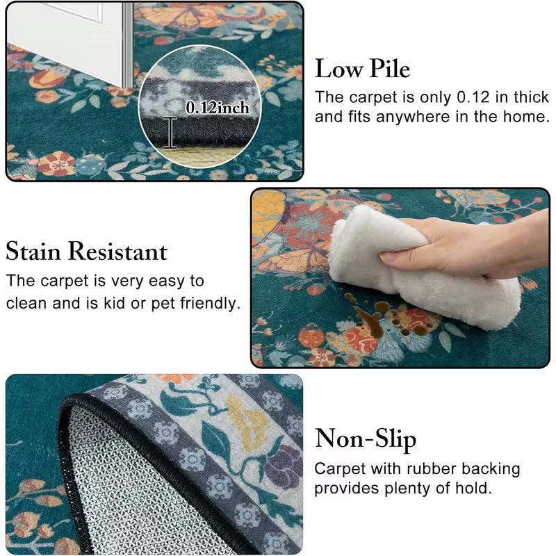 Non-Slip Washable Area Rug, Low-Pile Soft Short Shag with Rubber Backing - Modern Abstract Green Boho for Living Room