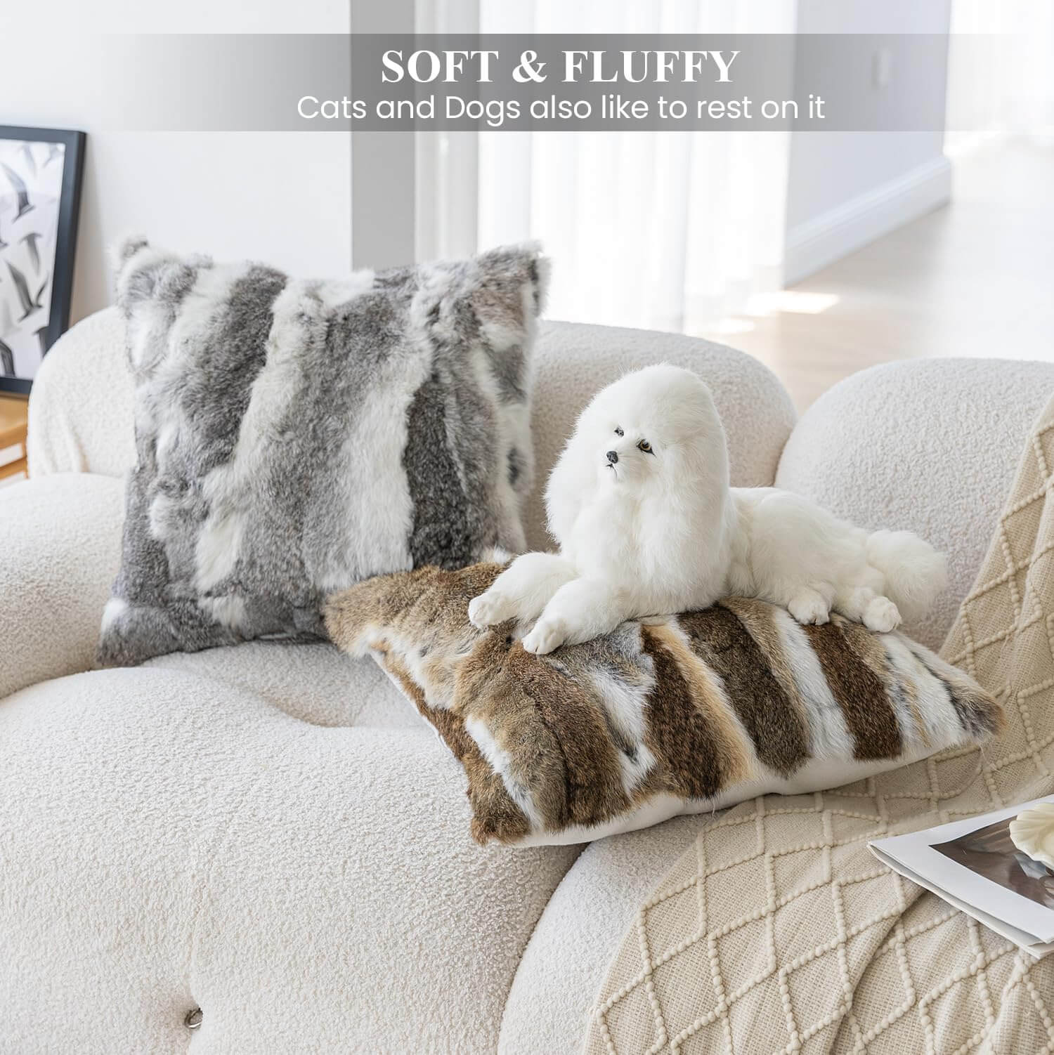 Soft Faux Rabbit Fur Patchwork Throw Pillow| Ultra Soft Cat-Petting Soft Cushion for Couch Bed Home Decor | Warmloomo™