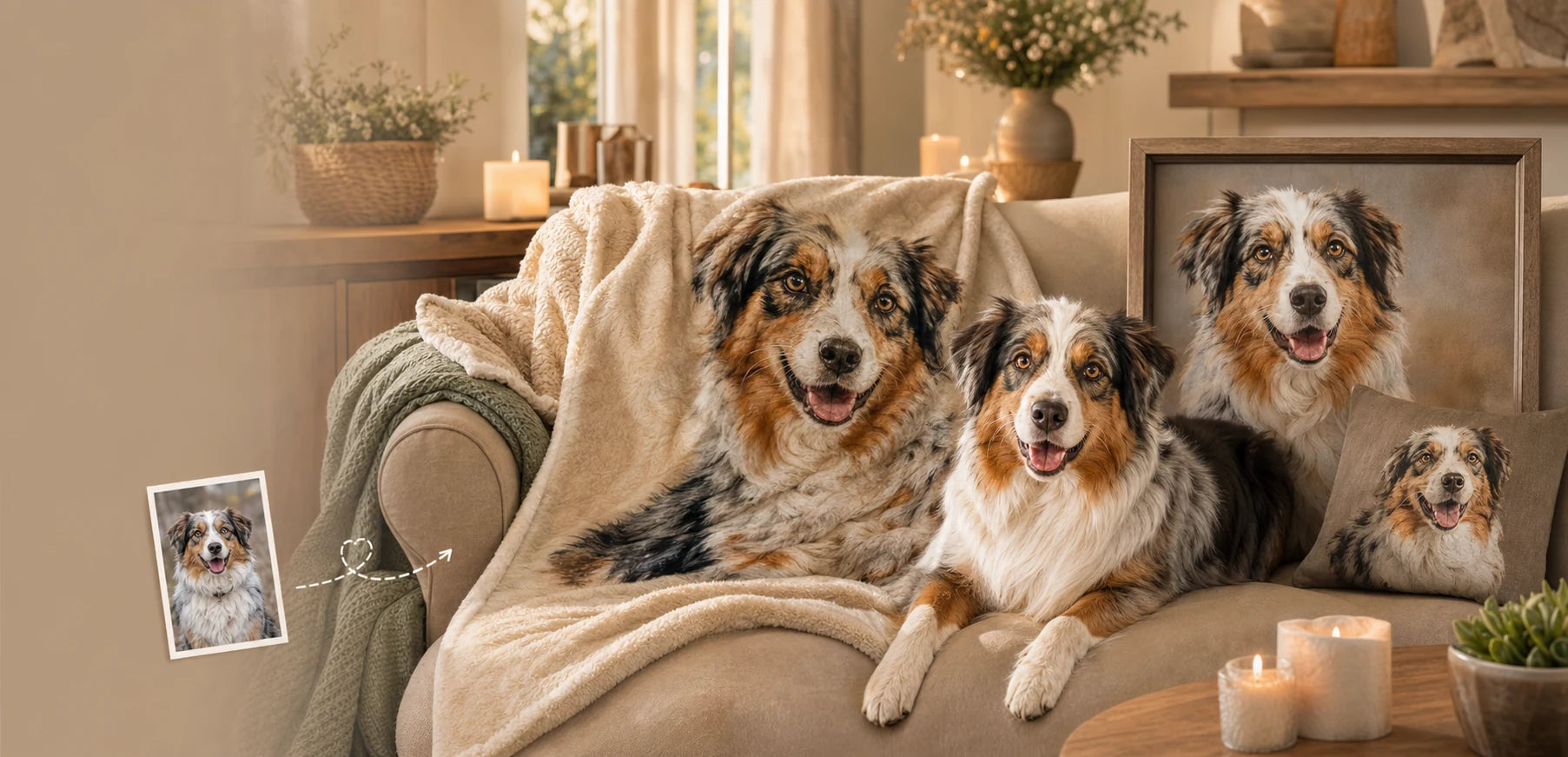 Personalized pet photo blanket styled as a cozy home keepsake